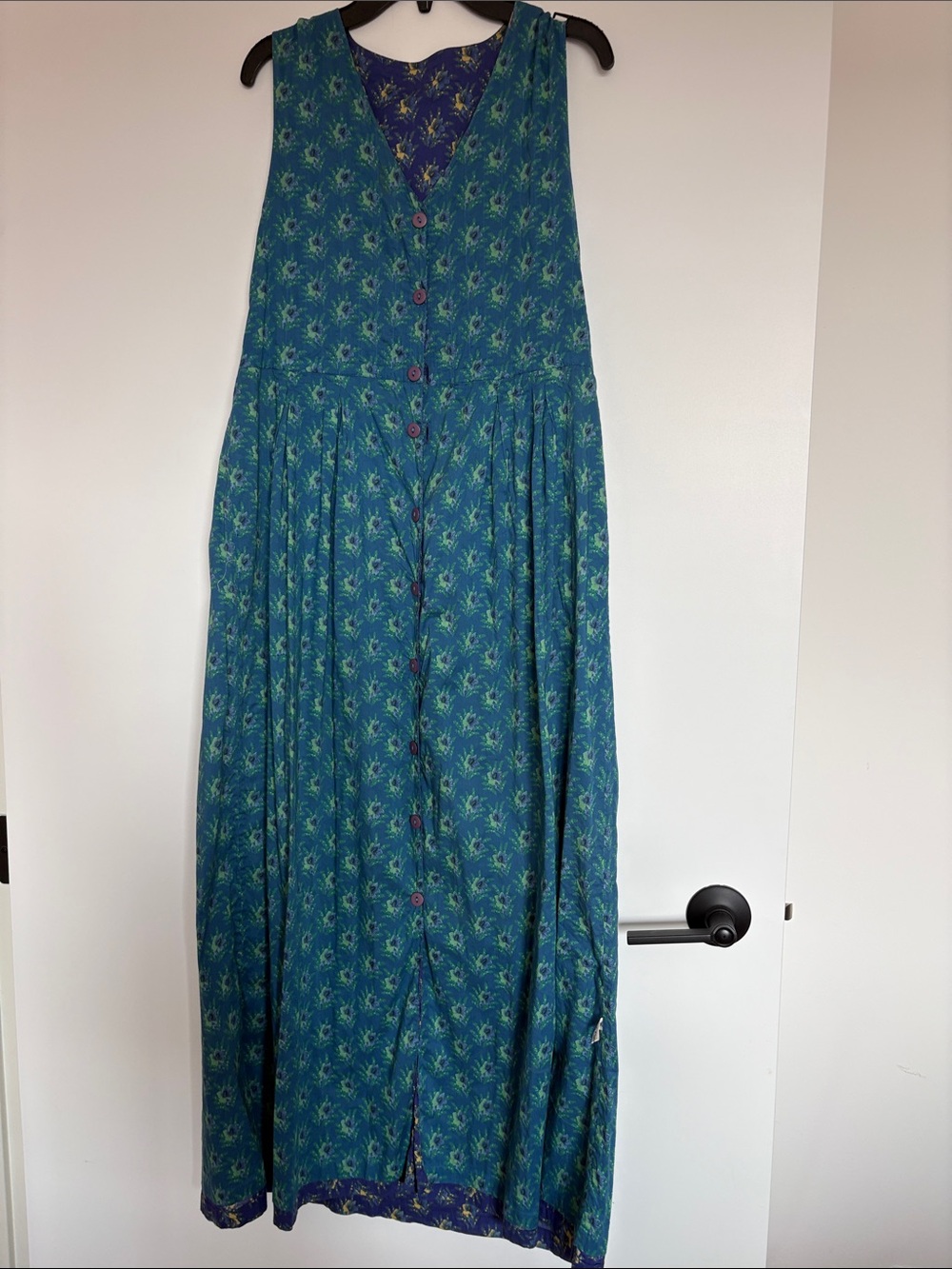 April Cornell REVERSIBLE Y2K Sleeveless Blue Floral Button-Front Maxi Dress